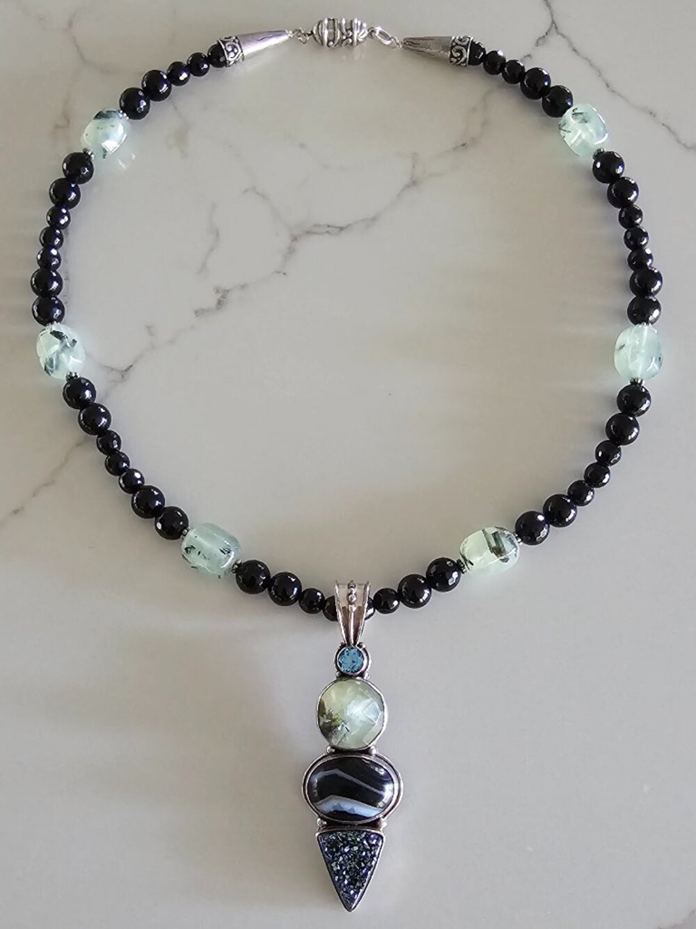 Echo of The Dreamer Onyx Quartz Prehnite Sterling Silver Necklace